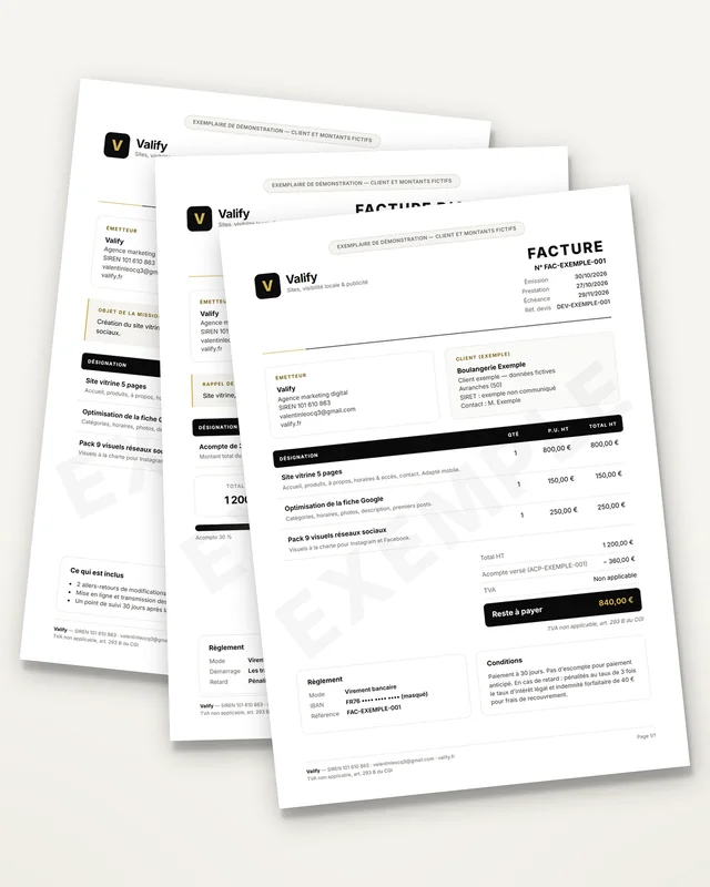 Devis, facture d'acompte et facture superposés, montrant la continuité de la mise en page