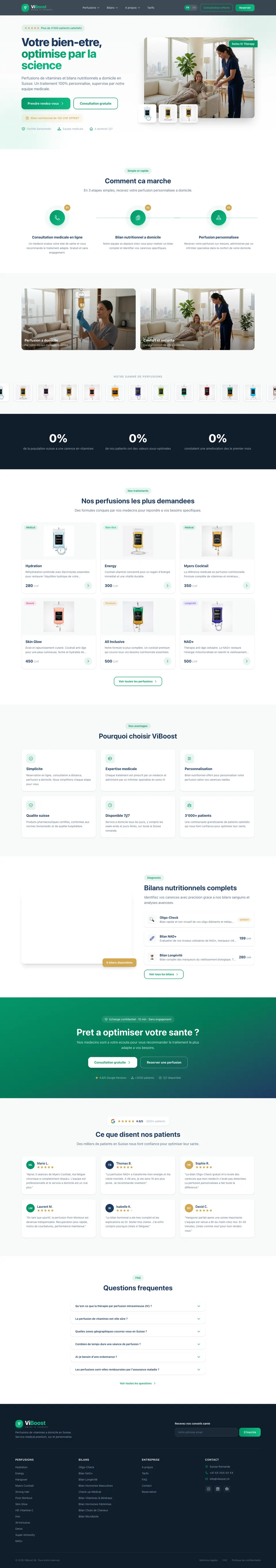 Section « Comment ça marche » du site ViBoost : consultation en ligne, bilan nutritionnel à domicile, perfusion personnalisée
