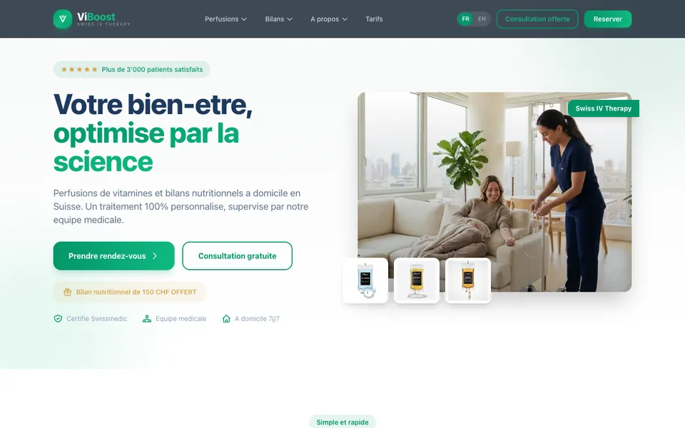 Page d'accueil du site ViBoost, service de perfusions de vitamines à domicile en Suisse, avec bouton de prise de rendez-vous